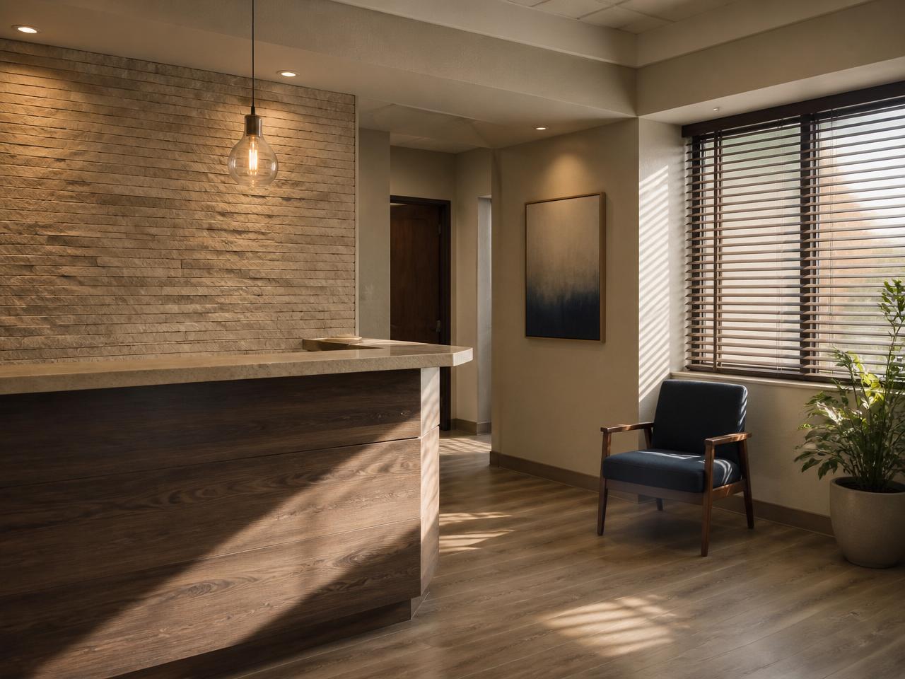 The reception area of the practice in Pueblo, CO, in warm afternoon light
