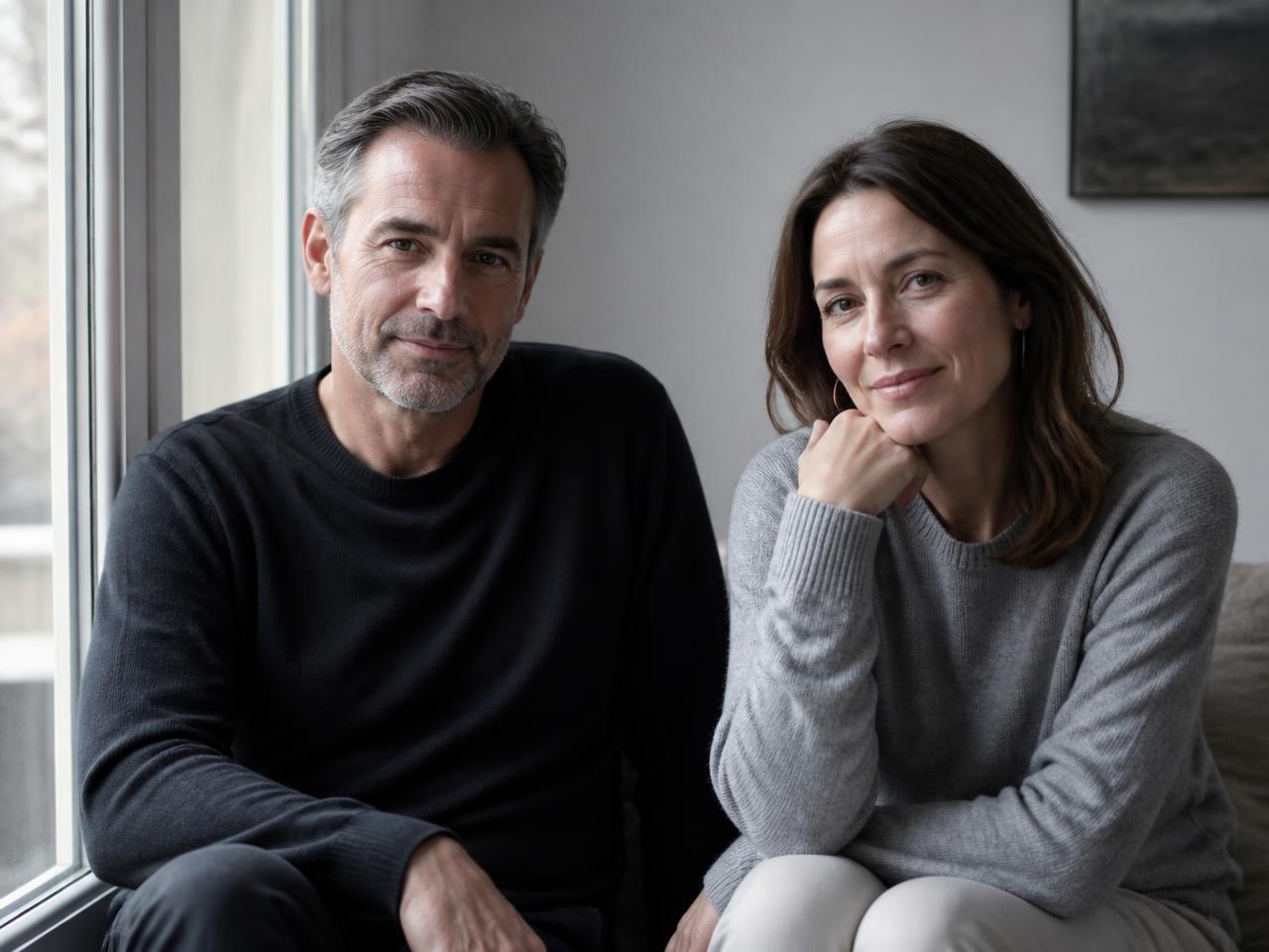 A man and a woman in their late forties seated calmly in soft daylight beside a window