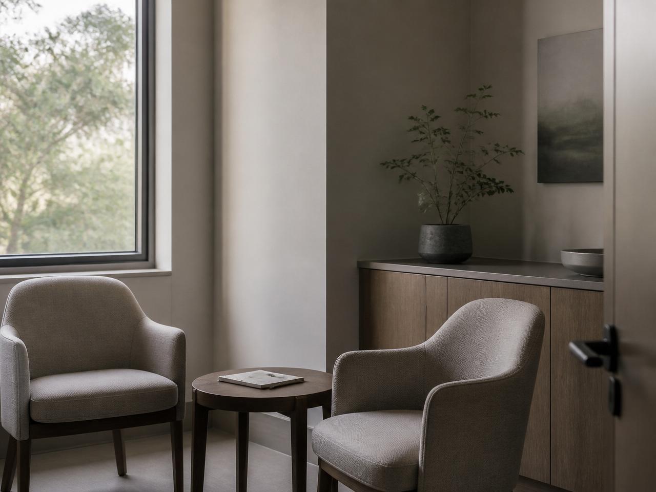 Two chairs and a small table in a quiet private consultation room
