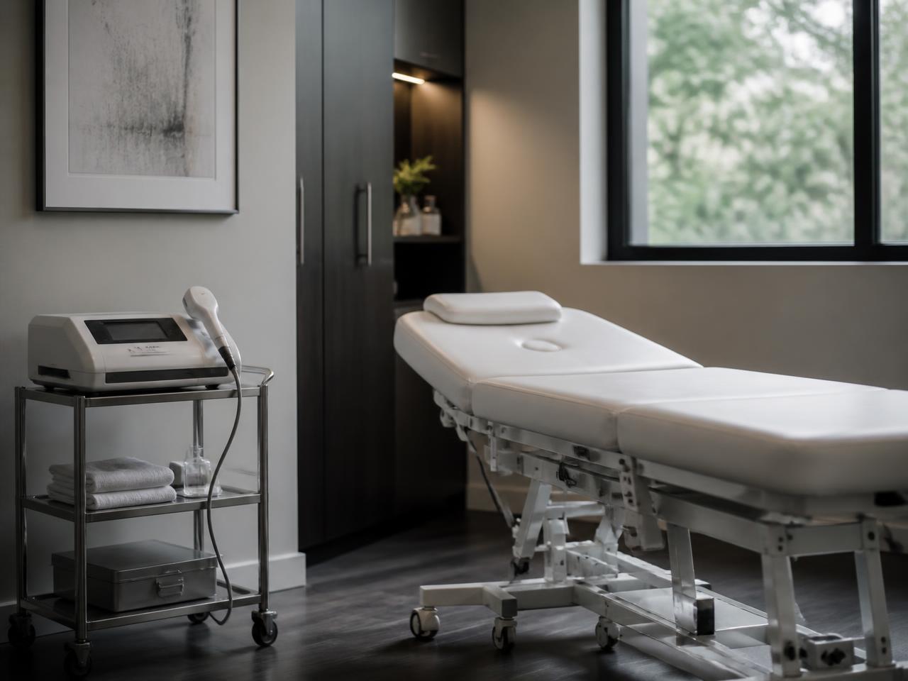 A calm treatment room with an exam table and a handheld therapy device on a stainless cart
