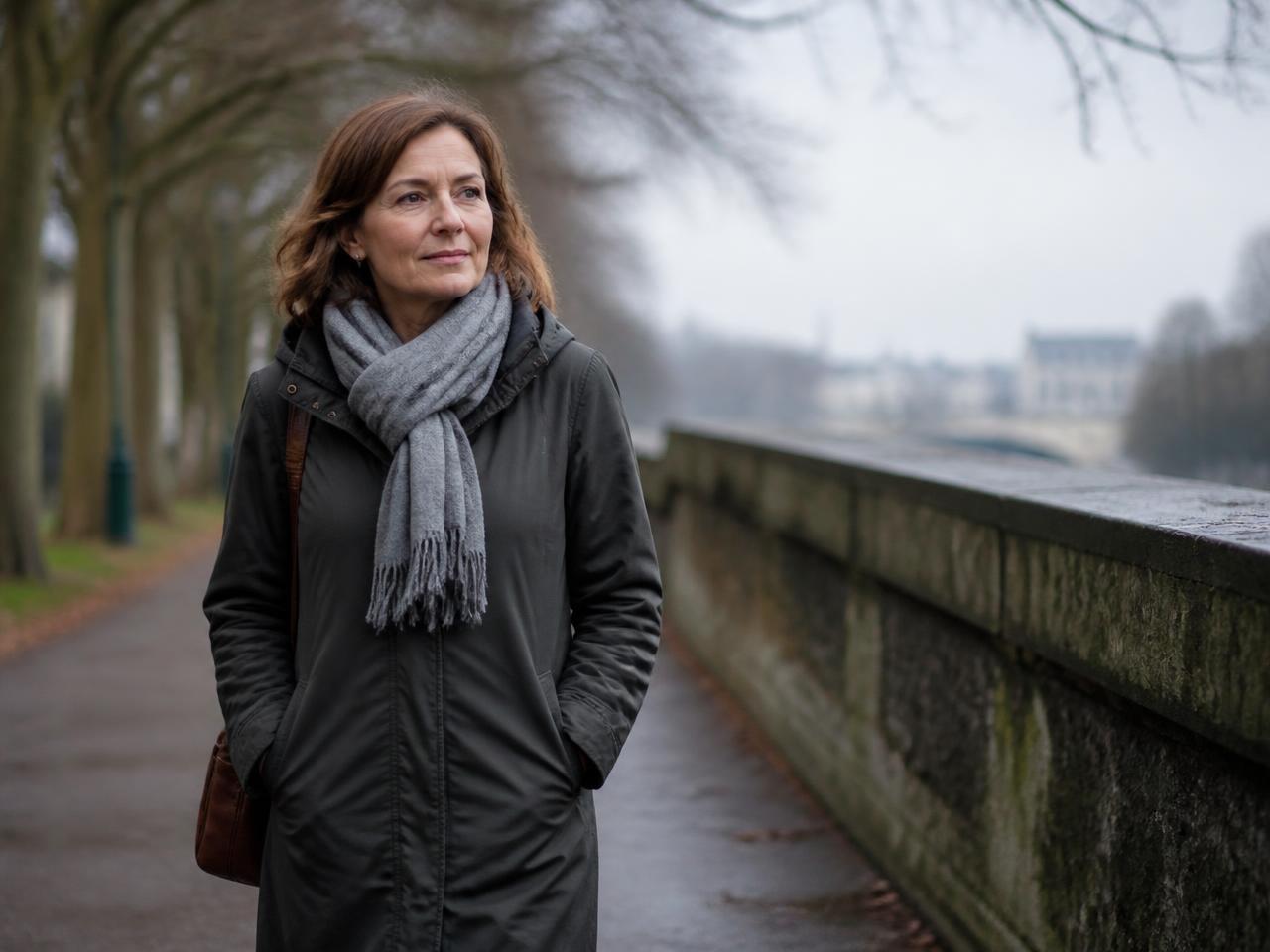 A woman in her fifties walking on a quiet tree-lined path in soft overcast daylight